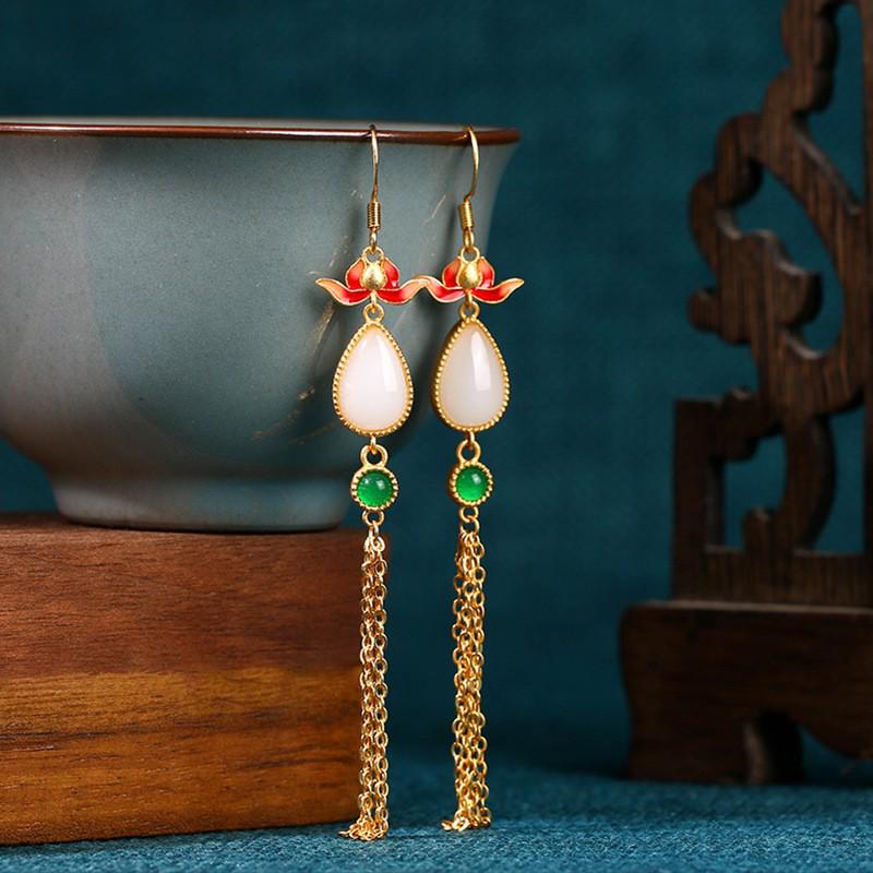 

Серьги-кисточки в древнем стиле с золотым покрытием, имитация нефрита, в виде коробочки семян лотоса 24K Gold Plated