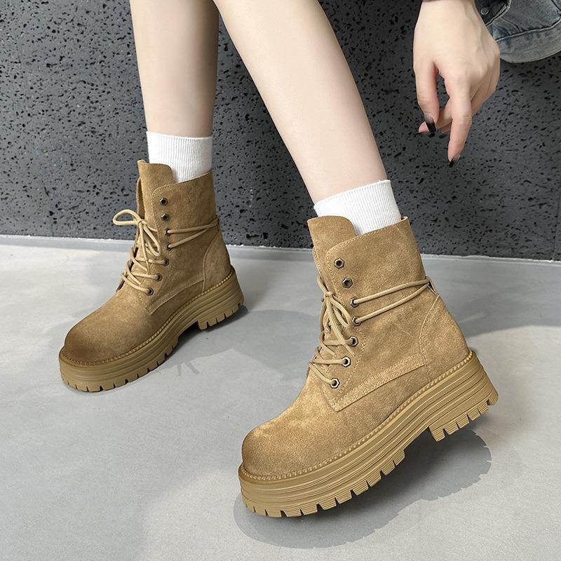 Retro flip-top two-wear Martin boots, women's cattle cashmere thick-soled inner height-increasing women's short boots, outdoor hiking shoes