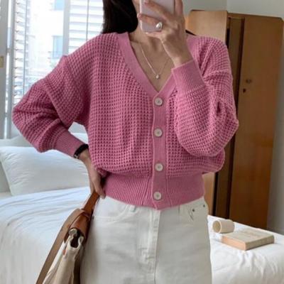 New ArriVals Open Run Ribbed Pink Cardigan V Neck Button Semi Crop Waffle Knit