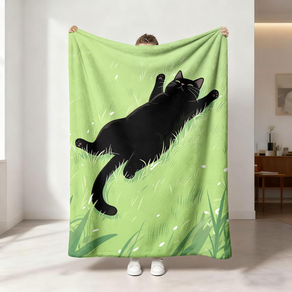 1pc Grass Black Cat Print 230 Flannel Blanket In Multiple Sizes, Soft And Comfortable Nap Cover Blanket, Machine Washable