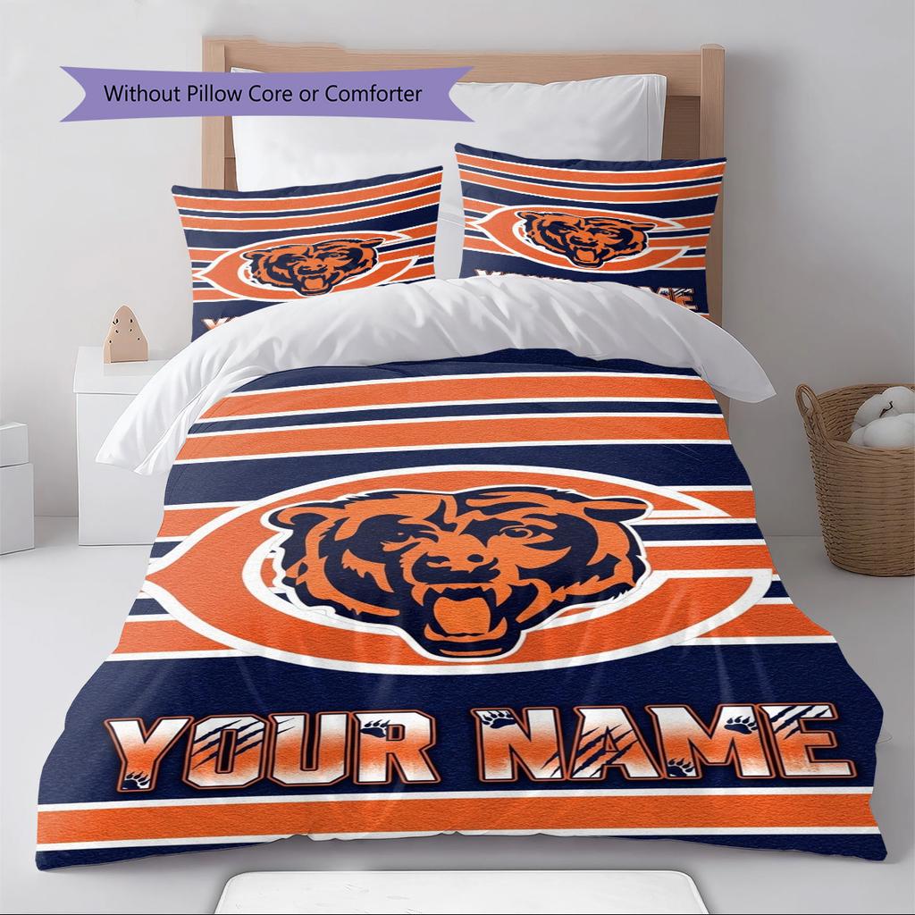 Name Custom Chicago Bears Logo Pattern Bedding Set Quilt Cover Pillowcase Home Decor Gift (1 * Duvet Cover + 2 * Pillowcase, Without Core)
