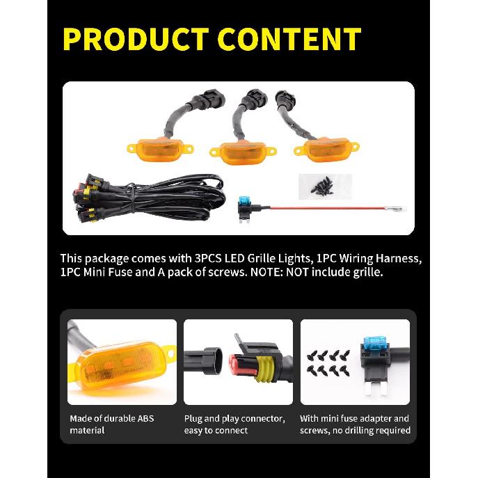 Amber LED Lights 3PCS Front Grille Raptor Lamps Car Accessories With Harness And Fuse, Compatible With 2004- For-D F150 & 2013-2018 Ram 1500 Raptor