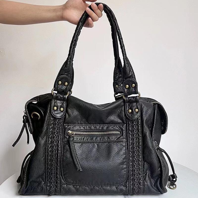 Korean Version Women's Bag, Casual Washed Leather Shoulder Bag, Soft Leather Retro Motorcycle Bag, Crossbody Bag