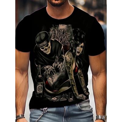 Europäische Größen Herren T-Shirt mit Totenkopf und Schönheits-Print, Kurzarm Casual Top für große und kräftige Männer, Sommer Modisches Outdoor Sportshirt