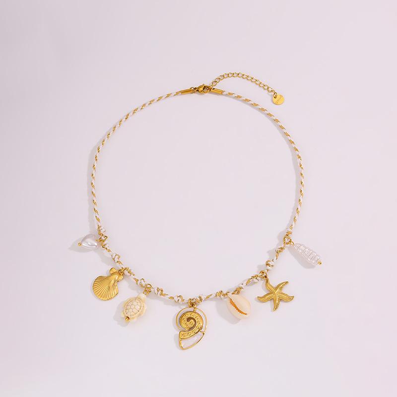 Colar de Corda Trançada em Aço Titânio: Estilo Oceano Design de Concha, Luxo Leve para Mulheres.