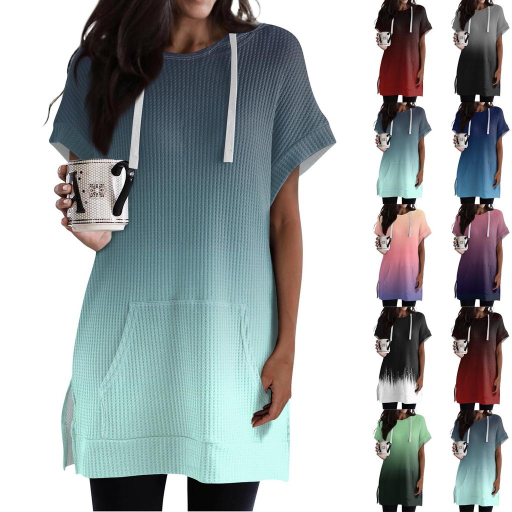 Women's Loose Shirts Printed Short Sleeve Drawstring Hoodies Knit Side Slit Tunic Hooded Tops With Pocket