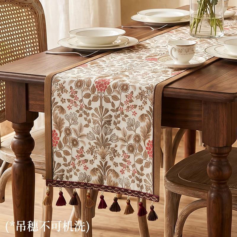 Elegant Chenille Jacquard Table Runner With Tassel Trim Floral Botanical Washable Wrinkle Resistant Dining