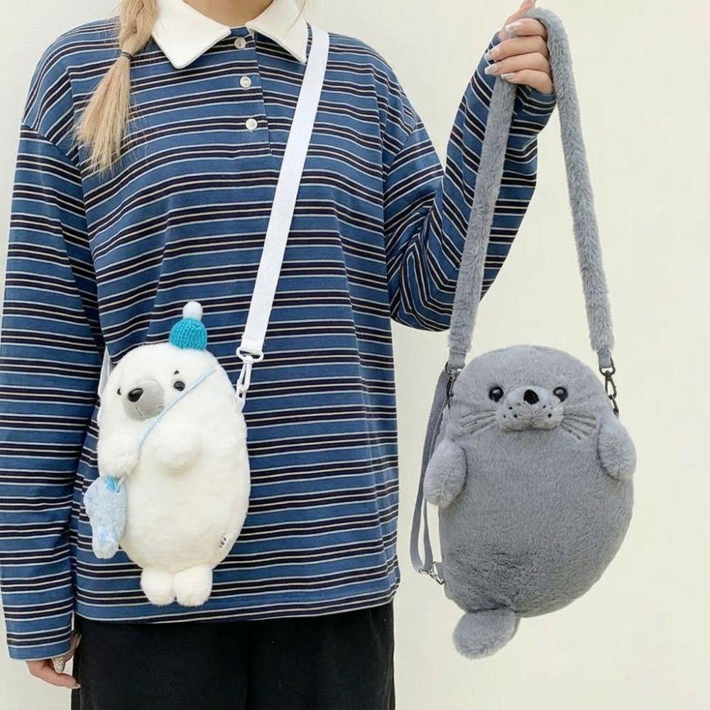 Fashion Soft Fluffy Cute Seal Shoulder Bag Cartoon Adjustable Straps Phone Bag Lightweight Fabric Handbag Women's Accessories