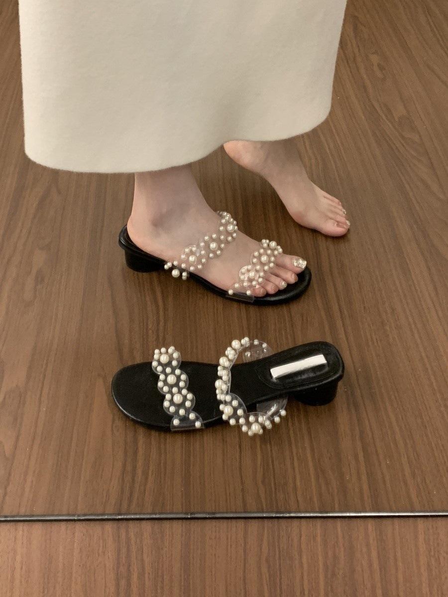 

Pearl transparent one-word open-toed slippers for women in summer, new with skirts, beautiful sandals for women 35 чёрный
