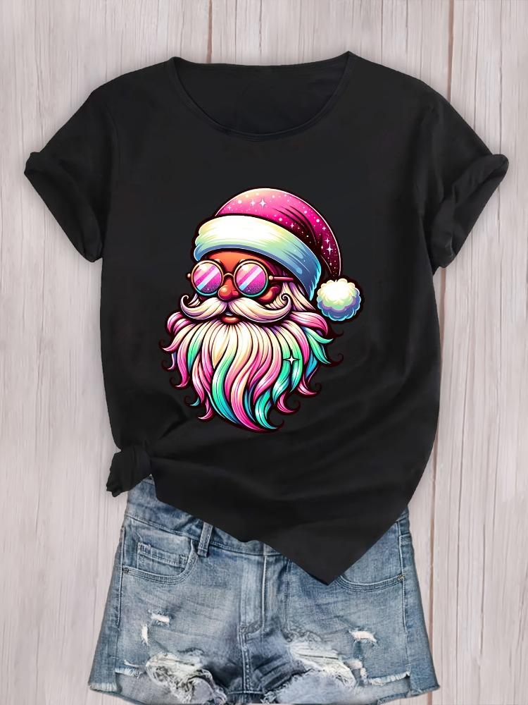 Santa Claus Printed Womens Sports Tshirt Comfortable Round Neck Casual Short Sleeved Top Fashionable Sportswear Plus Size Shirt