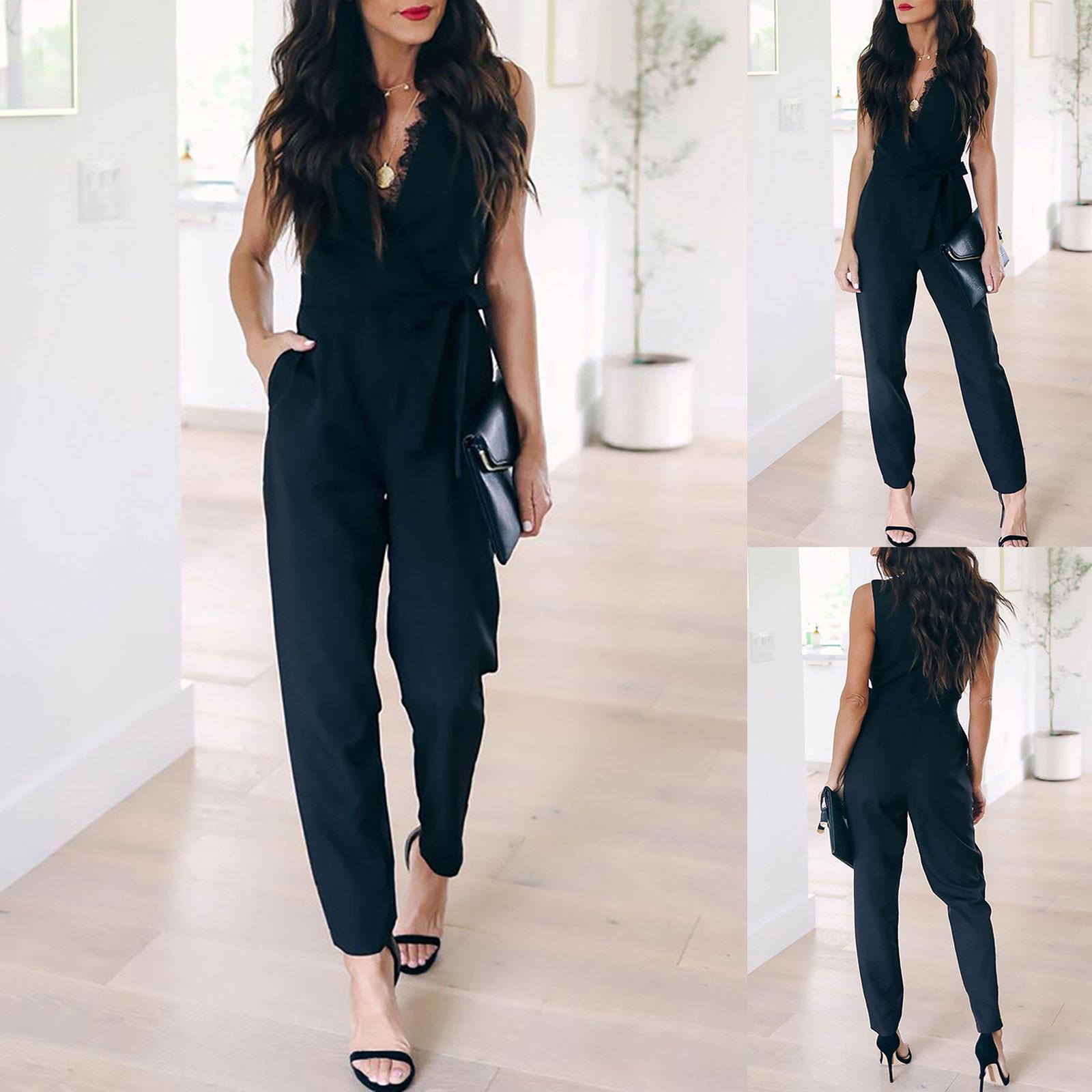 

Женский модный повседневный однотонный кружевной комбинезон без рукавов