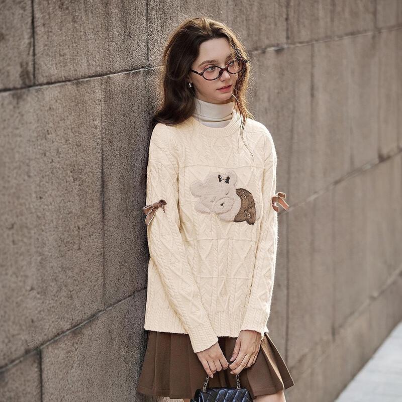 TonLion Women's Cartoon Patch Cable Knit Sweater