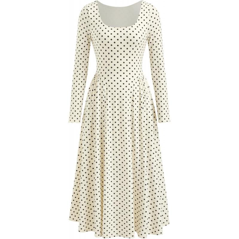 European and American A-word elegant square collar casual dress women s 2026 polka dot long-sleeved medium and long skirt S