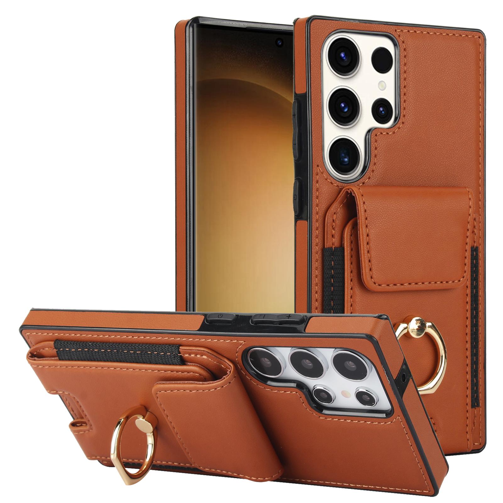 

For Samsung Galaxy S23 Ultra Case Leather+TPU Kickstand Card Holder Phone Cover Brown