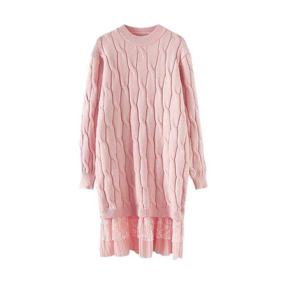 Langärmeliges Strickkleid mit Spitzenbesatz für Damen Herbst Koreanischer Stil Einfarbig Floraler Cardigan-Pullover