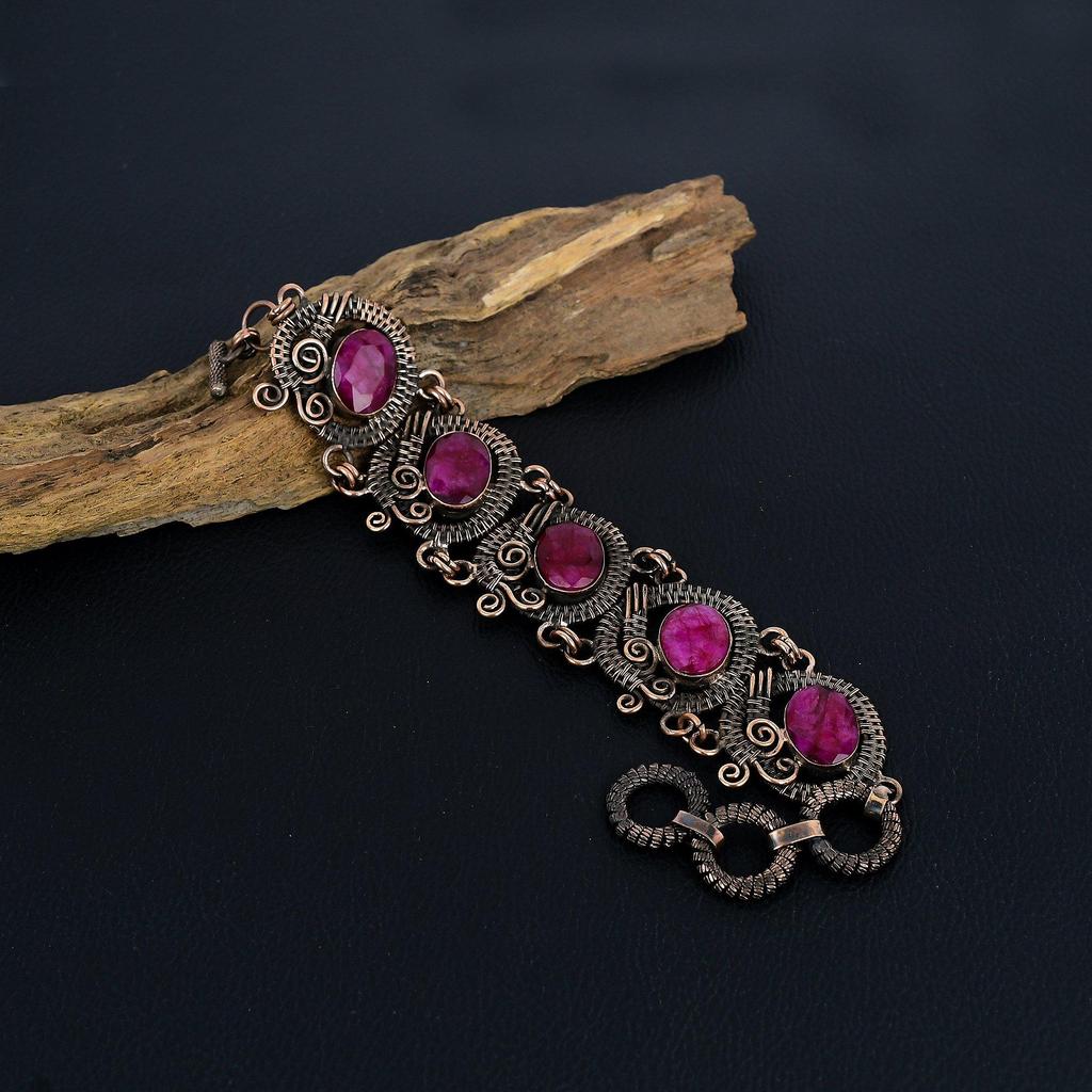 Ruby Bracelet Gemstone Jewelry, 999 Copper Wire Wrapped Bracelet, Adjustable Handmade Beautiful Jewelry Chain Bracelet