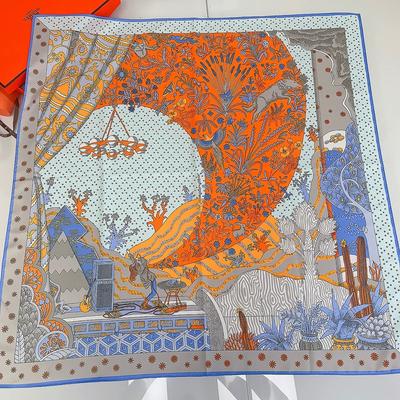 90cm Manual Hand Rolled Twill Silk Scarf Women High-End Window View Print Square Scarves Wraps Silk Foulards Head Hijab