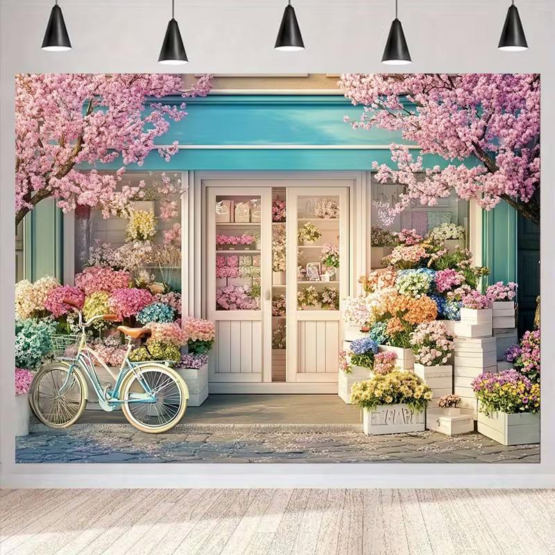 2D Cute Flower Shop Backdrop, Spring Bicycle Photo Studio Background