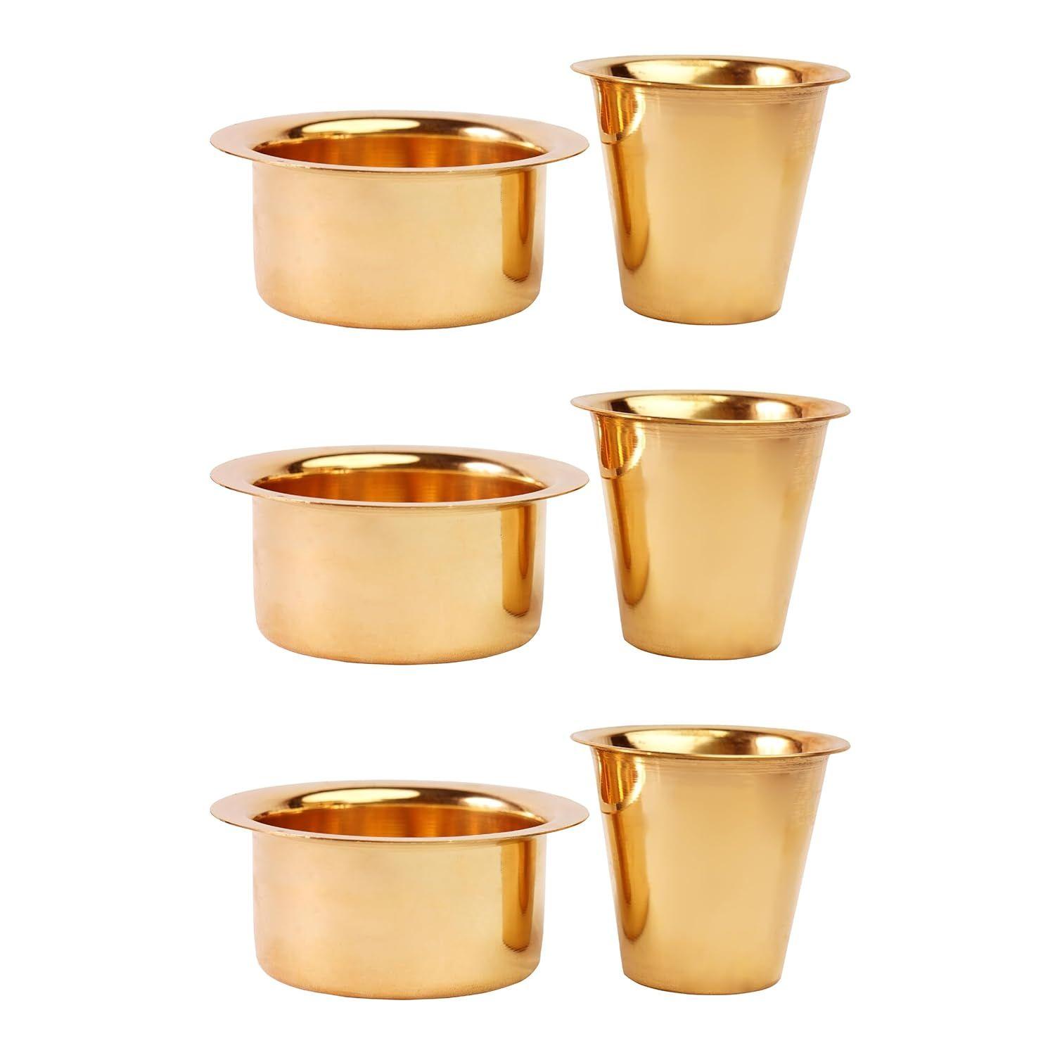 

Латунная кофейная чашка Давара/Дабара и стакан для подачи фильтрованного кофе/чая/Традиционная кумбаконамская дабара простая - 150 мл (Набор из 3 шт.)