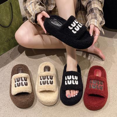 Popular Large Size Solid Color Outer Wear Fluffy Slippers Women's 2024 New Letter One-word Slippers Autumn and Winter Home Cotton Mop
