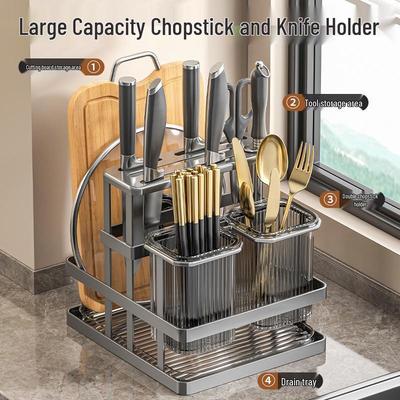 Multifunctional Kitchen Knife and Chopstick Holder with Cutting Board Storage