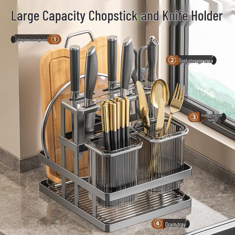 Wall-Mounted Multifunctional Cutlery Rack: Integrated Chopstick Holder & Knife Organizer with Drainer