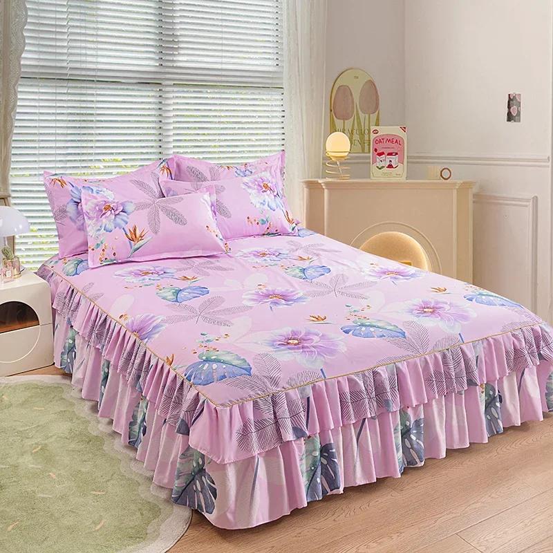 Nordic Floral Queen Bed Skirt Without Pillowcase Double Single Mattress Cover Anti-slip Full Size Adjustable Bedspread 360°Warp
