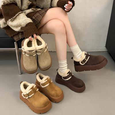 Thick-soled Velvet Women's Winter Versatile Retro Deep-mouth Heightening Casual Matte Leather Cotton Shoes