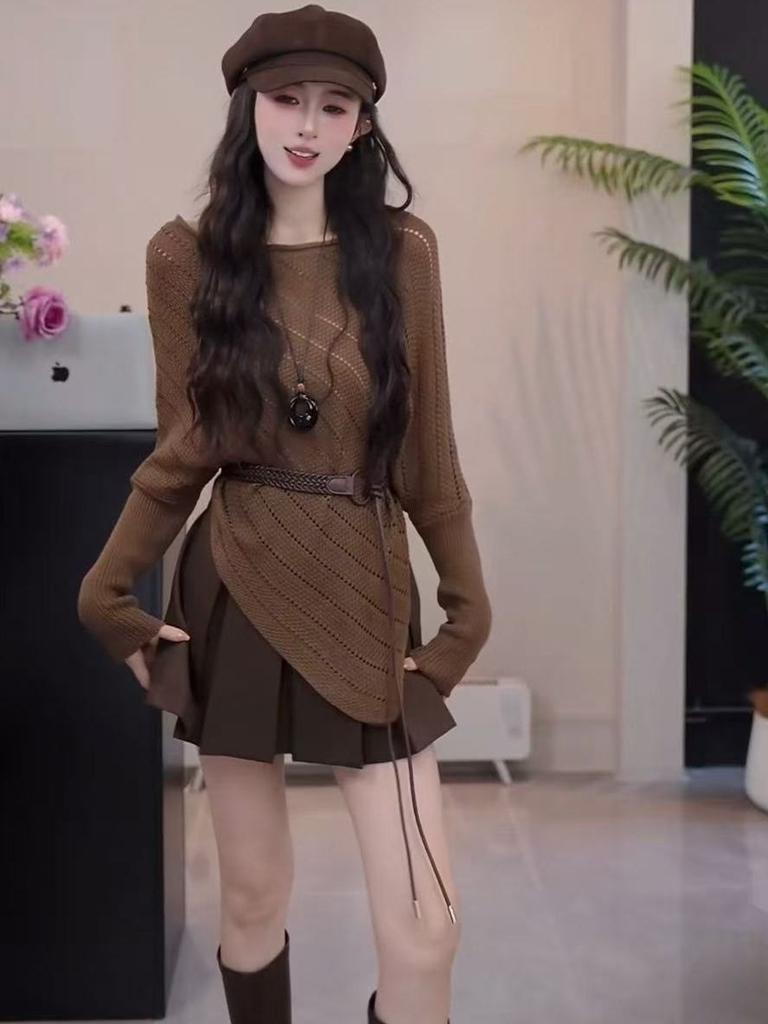 Lazy wind irregular hem hollow women's new Korean knitted top women