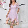 Women Floral Print V Neck Short Sleeve High Waist Fitted Bodycon Midi Dress