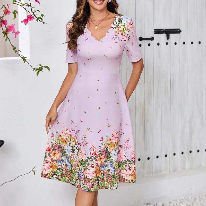 Women Floral Print V Neck Short Sleeve High Waist Fitted Bodycon Midi Dress