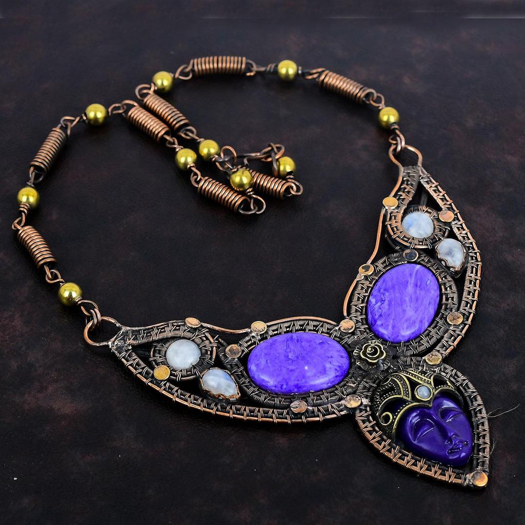 Purple Carved Bone Face Necklace Charoite Necklace Copper Wire Wrapped Necklace Adjustable Chain Necklace Rainbow Moonstone Gemstone Jewelry