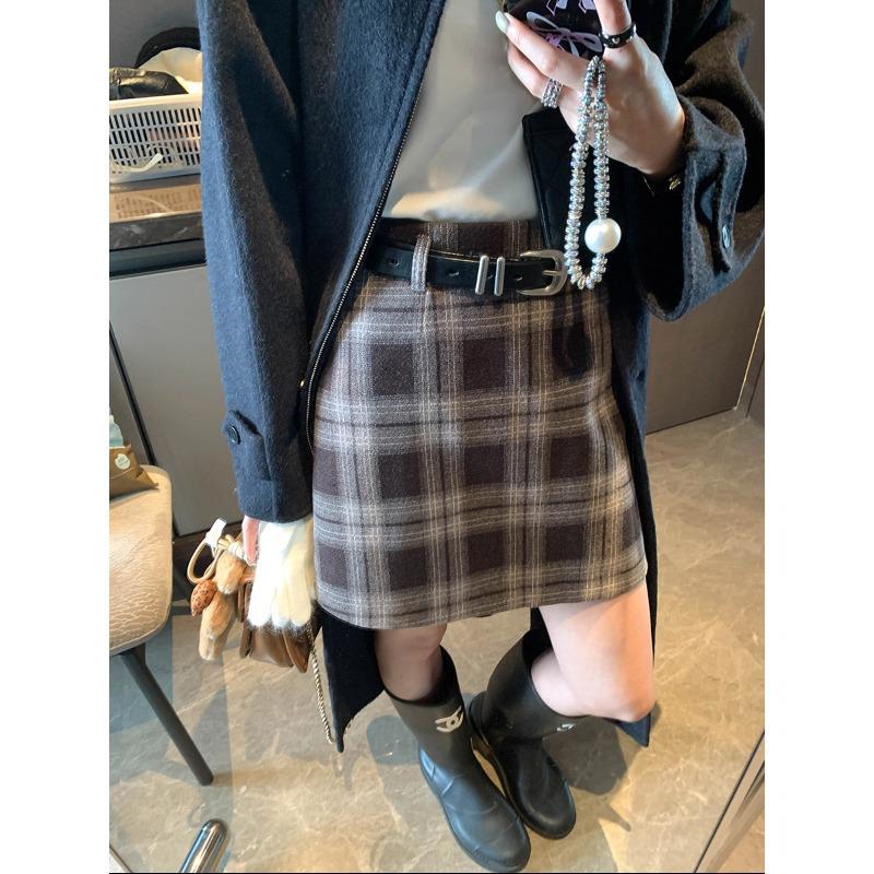 Moqie Retro Wool Plaid A-line Slimming Skirt MQ1000 L кофейный