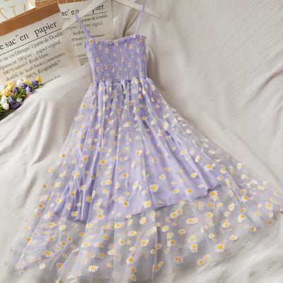 Daisy Mesh Mesh Spaghetti Strap Dress Women Summer French Style Plisowana Slim Wasit Retro Sweet Dresses