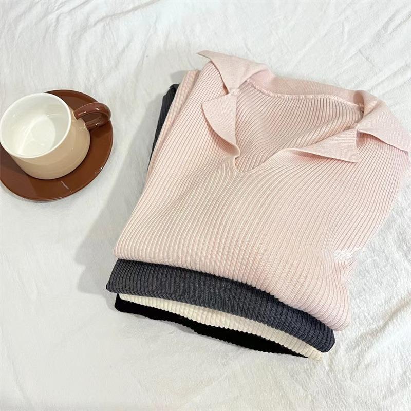 Polo Lapel Knitted Inner Sweater Women's Autumn and Winter New Slim and Thin Versatile Long-sleeved Bottoming Shirt Top