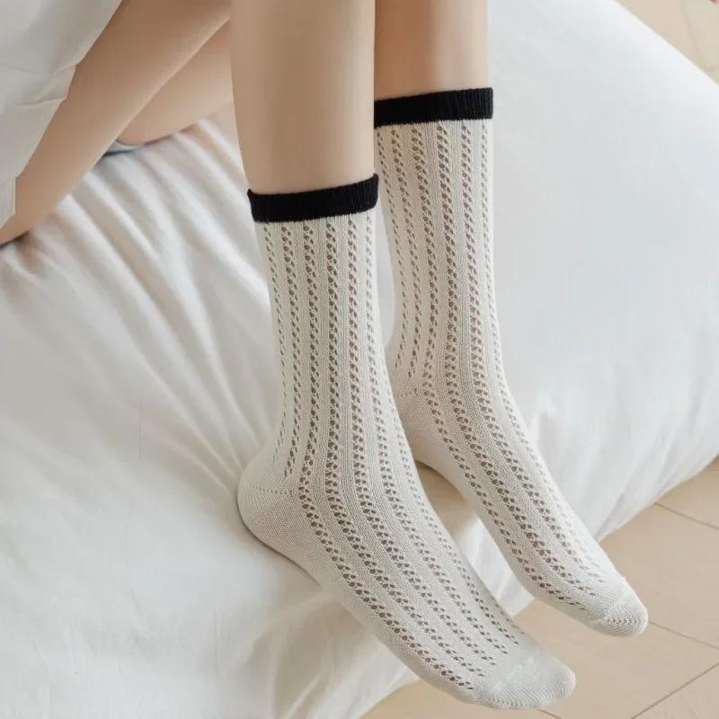 Summer Women Socks Hollow Out Mesh Thin Breathable Elastic Long Socks Korean Fashion Solid Color School Girls Crew Socks Women