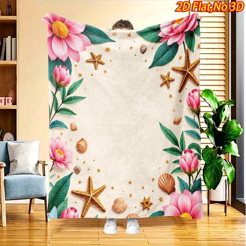 1pc 2D Flat Printing Spring And Summer New Arrival Pink Floral Starfish Shell Theme Digital Print Blanket, All-Season Use, Casual Throw, 100% Polyeste