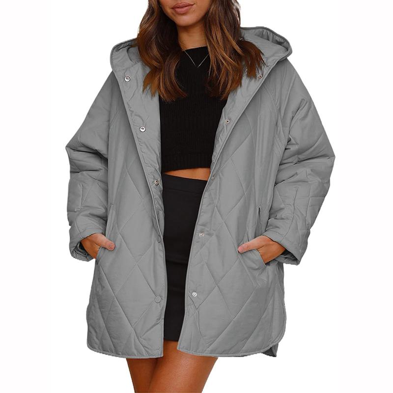 Herbst Winter Mode Jacke Mantel Damen Parkas Lässig Gekräuselter Rand Kapuze Gepolsterter Mantel Gitter Oberbekleidung
