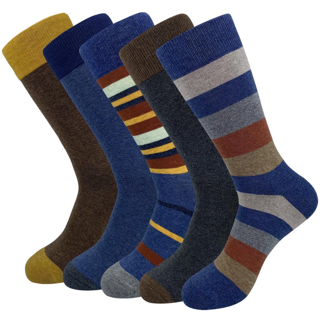 5 Pairs Mens Dress Socks Stripe Plus Size, High Quality Combed Cotton Crew Socks, Business Cool Breathable Casual Socks for Men