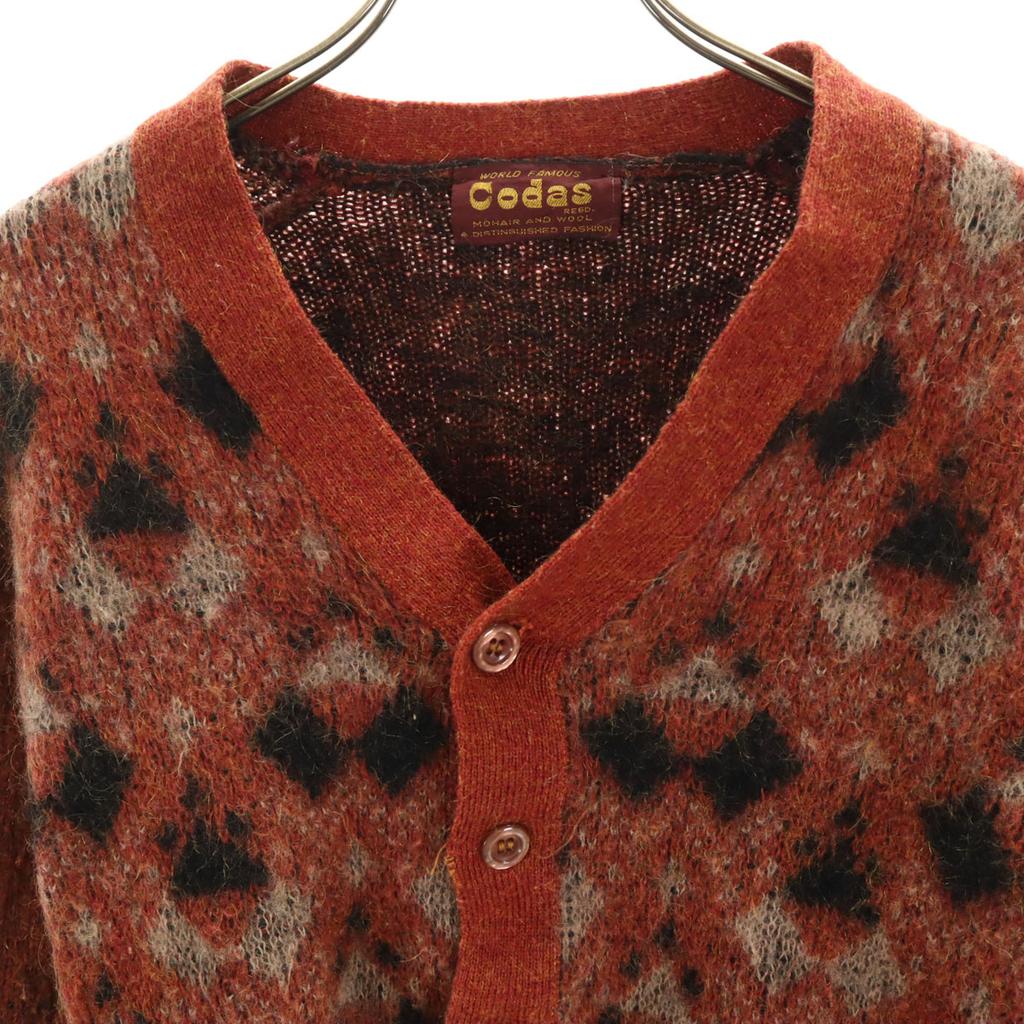 60er 70er Vintage Argyle Muster Langarm Mohair Strickjacke Orange Herren Gebraucht