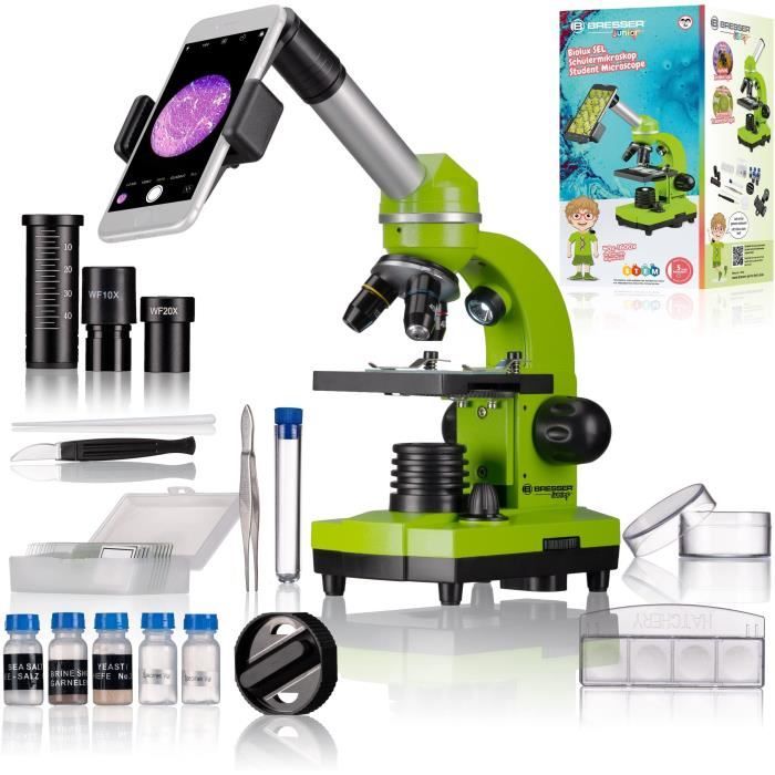 Student Microscope BIOLUX SEL - BRESSER JUNIOR - Magnification 40x-1600x - Experiment Kit - Green