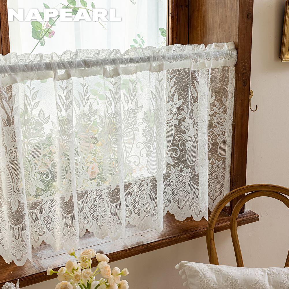 1PC NAPEARL French Retro Lace Short Curtain, Rustic Style, Lightweight Sheer Curtain for Living Room Kitchen Cupboard Window Home Decor