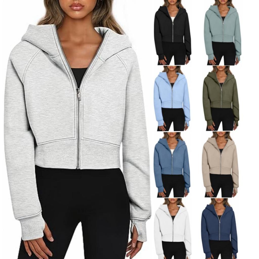 Women's Fleece Lined Hooded Zip Up Cropped Casual Long Sleeve Sweatshirt, European American Style Casual Tops Leisure Trade