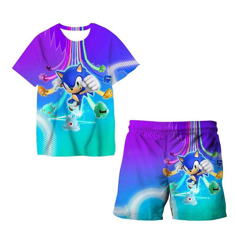 2025 MINISO Ny Japansk Tecknad Sonic 2 T-shirt Barnens Topp Shorts Tvådelat Set Sommar Pojke Tecknad Söt SONIC T-shirt+ Strandbyxor