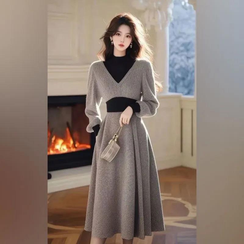 Women's Gray Knitted Turtleneck Sweater Dress - Elegant Winter 2024 Long Skirt