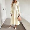 European and American Women's Clothing Gentle Style Square Neck Lace-up Long-sleeved Dress Pleated Waist and Thin A-shaped Big Swing Skirt