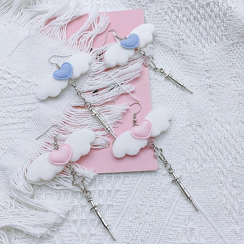 Unique Gothic Earwear Fashion Angel Wing Heart Earrings Y2k Aesthetics Jewelry Crucifix Syringe Ear Hooks/Ear Clips