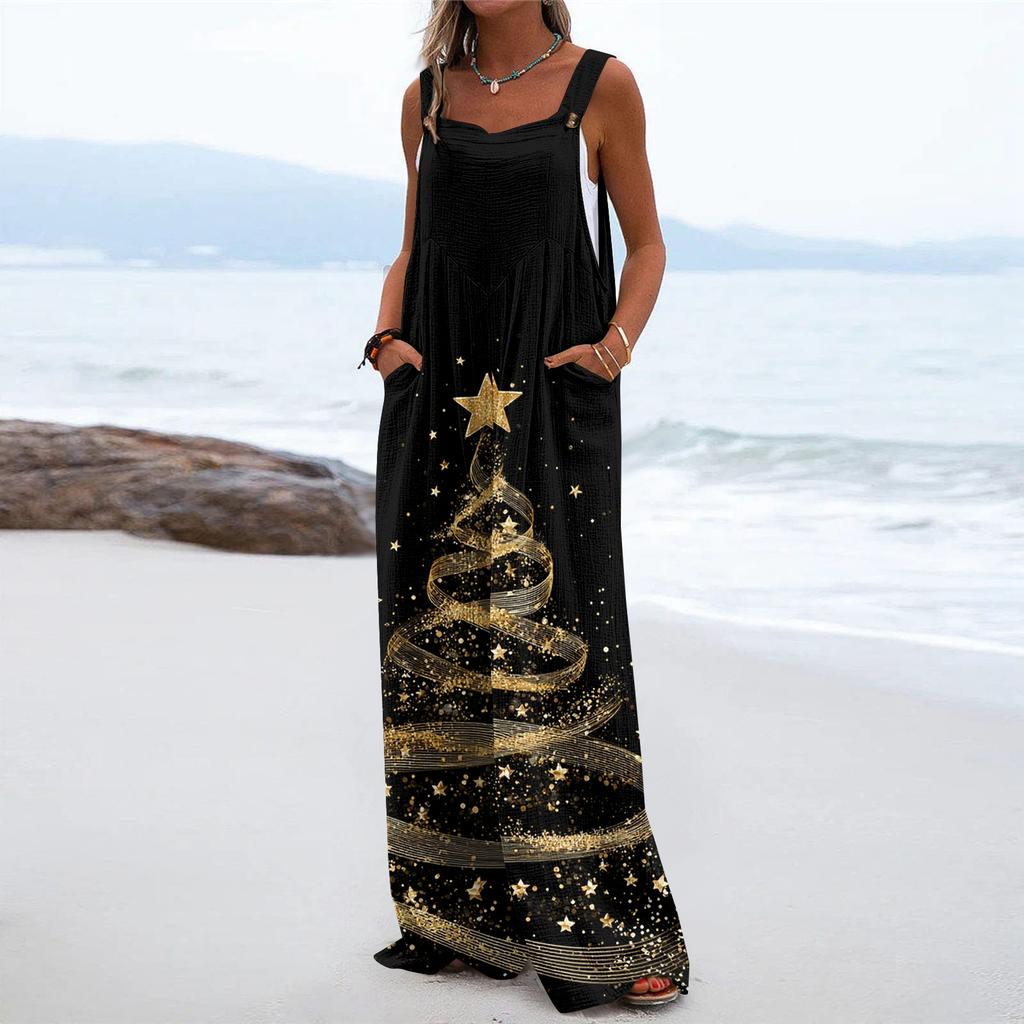 Women's Christmas Print Solid Wide Leg Strapless Tank Pocket Casual Onesie