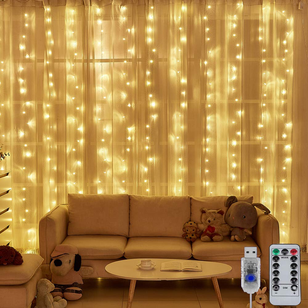 300 LED String Lights, 3m X 3m, Warm White, with Remote Control, 8 Lighting Modes, Flashing, Steady, and Adjustable Brightness, USB Powered,