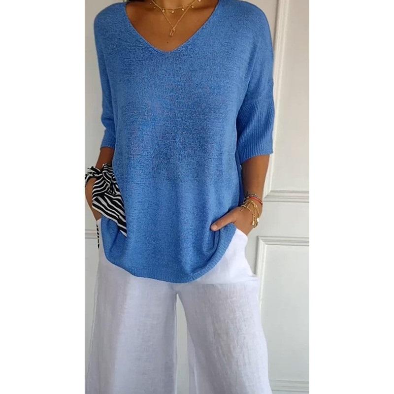 Women V Neck 3/4 Sleeve Loose Knit Top Solid Color Casual Lightweight Pullover Blouse
